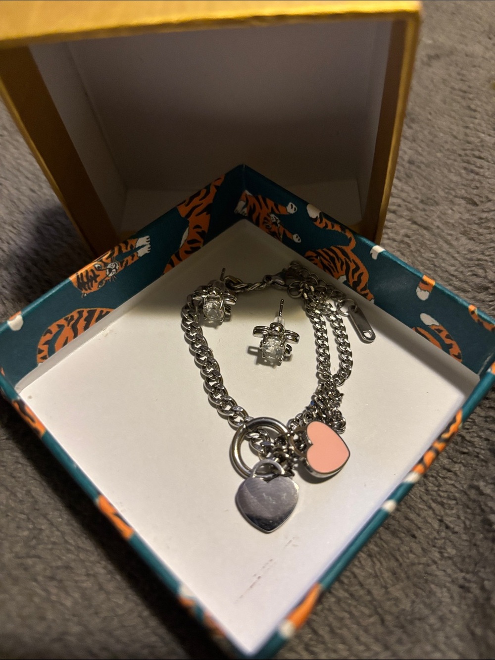 Silver Heart Charm Bracelet and Stud Earrings Set with Pink Accent